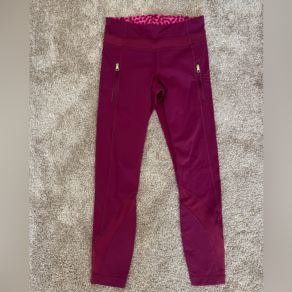 Lululemon Pomegranate Drawstring Cropped Leggings with Gold Zippers Mesh Size 4